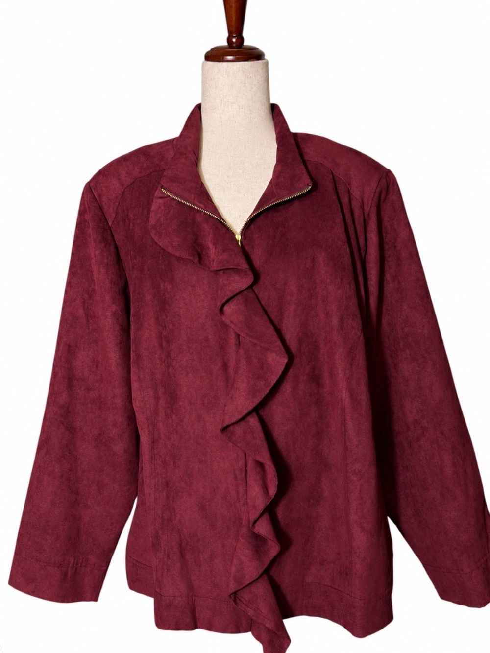 CJ Banks Faux Suede Ruffle Jacket Burgundy Wine Size 3X